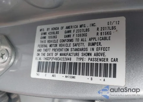 2012 Honda Accord 2.4 Lx-P z USA, uszkodzony, nr VIN 1HGCP2F48CA222848